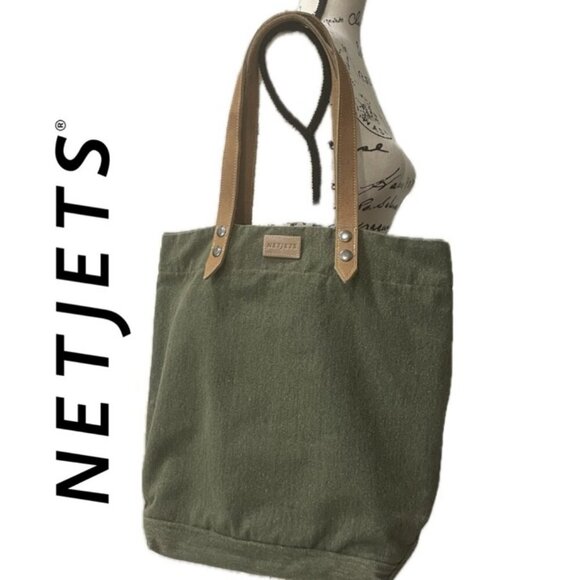 NETJETS OLIVE GREEN TOTE BAG BOHO CANVAS LEATHER TRAVEL CARAVAN MILITARY - Picture 1 of 16